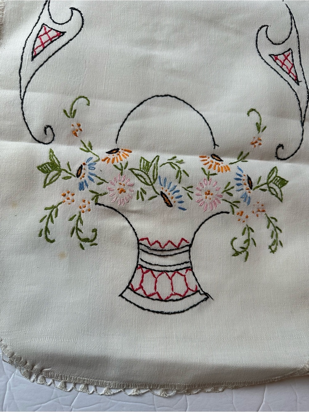 Vintage Handmade Embroidered Table/Dresser Runner Floral Crochet Edges 39.5"x13" - Picture 6 of 8